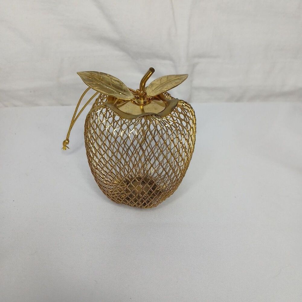 Mid Century MCM Gold Tone Wire Mesh Apple Decor Ornament 3.75"